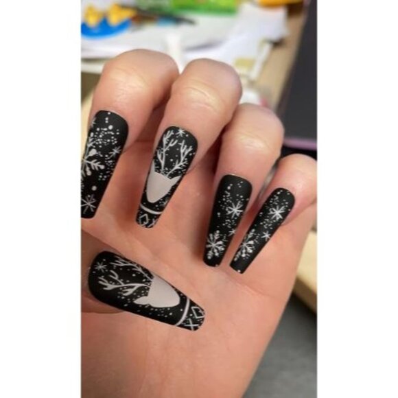 Other - 24 Acrylic Snowflake Reindeer Coffin Long Matte Black White Nails Press On